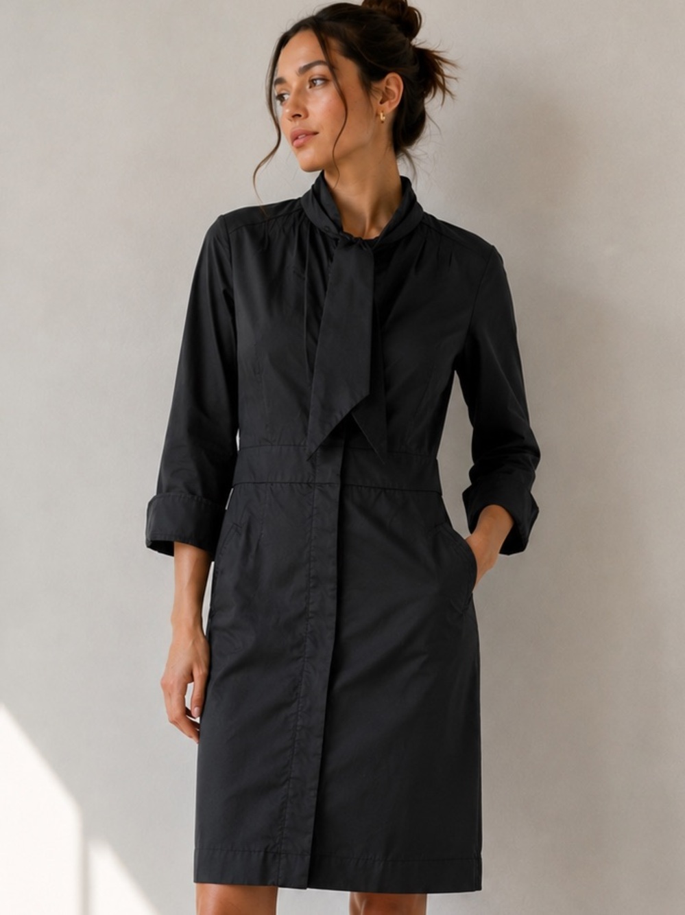Club Monaco Tie Neck Black Shirt Dress Vintage 2000s Above Knee 3/4 Sleeve Sz 8 - Picture 2 of 9